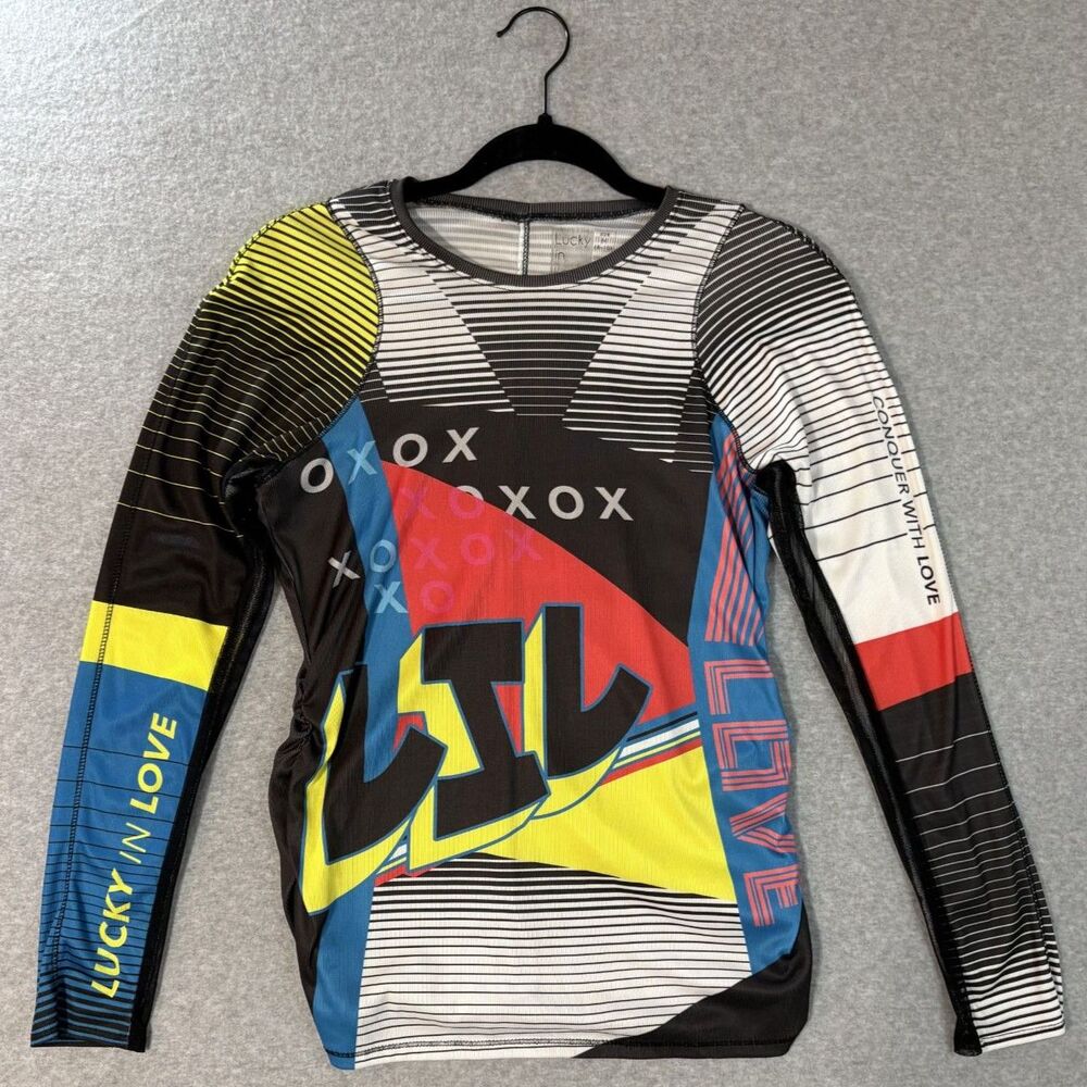 Lucky In Love Womens M Long Sleeve Athletic Top Multicolor Graphic Tennis